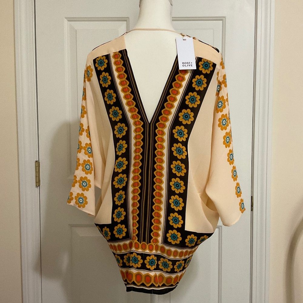 NWT Rose & Olive Boho Floral Print Kimono Blouse peach brown blue orange - Picture 8 of 8